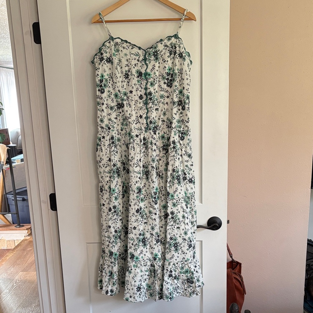 Chic Floral Linen Blend Midi Dress in Green and White